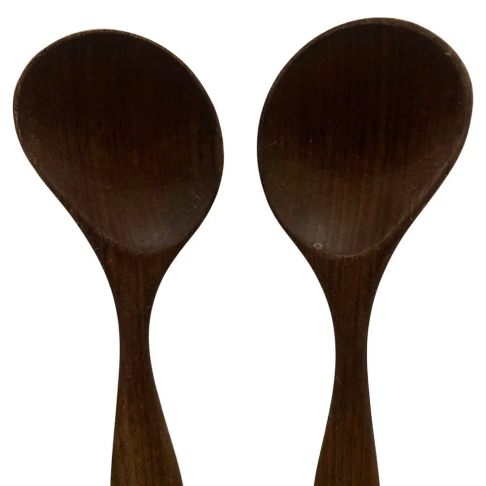 Artisan MCM Walnut Wood Salad Servers - Handcrafted Elegance Dances with Arugula